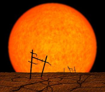 Artystyczna wizja Ziemi ze Słońcem w tle, po jego przemianie w czerwonego olbrzyma i napęcznieniu do ok. stukrotności aktualnego rozmiaru. B. Jacobs dla Wikipedii